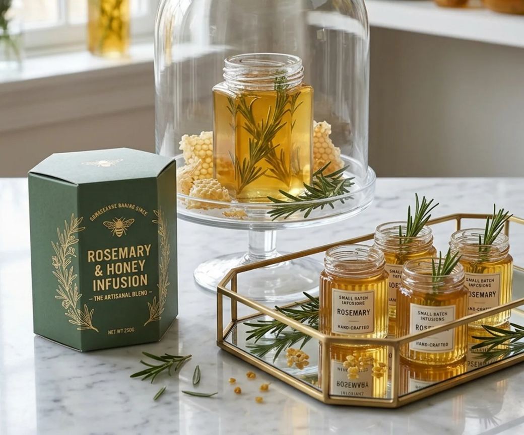 A kitchen counter at the end of the day: a glass cloche, a jar of honey with a sprig of rosemary, and a small tray of jars.