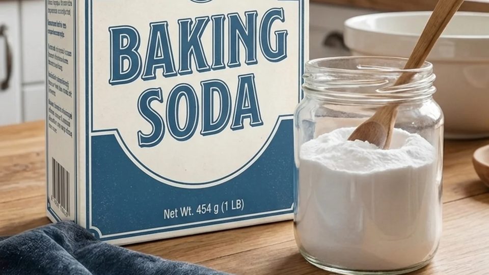 A carton of baking soda on a wooden kitchen counter beside a glass storage jar, mixing bowls and a wooden spoon.