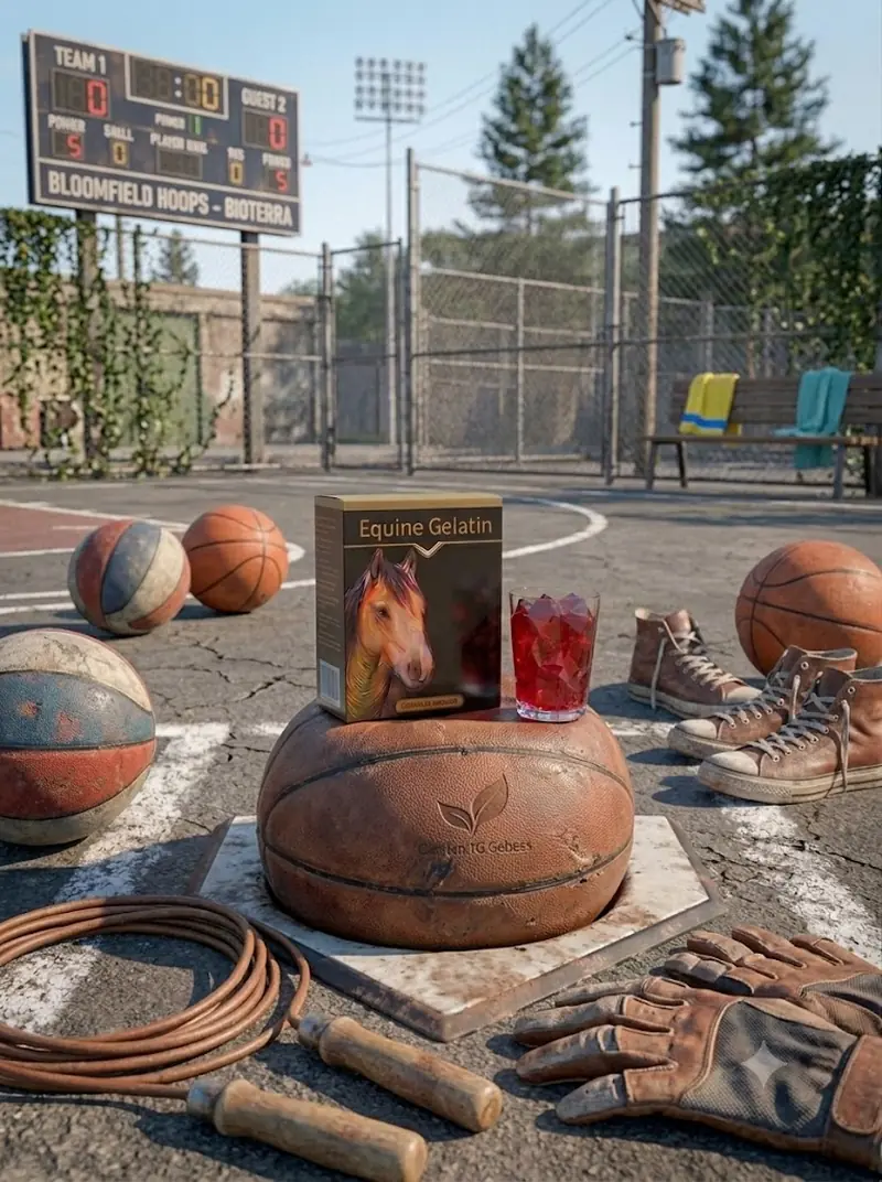 Editorial still: a glass beside a worn basketball on an outdoor court, with gloves and a jump rope arranged nearby.