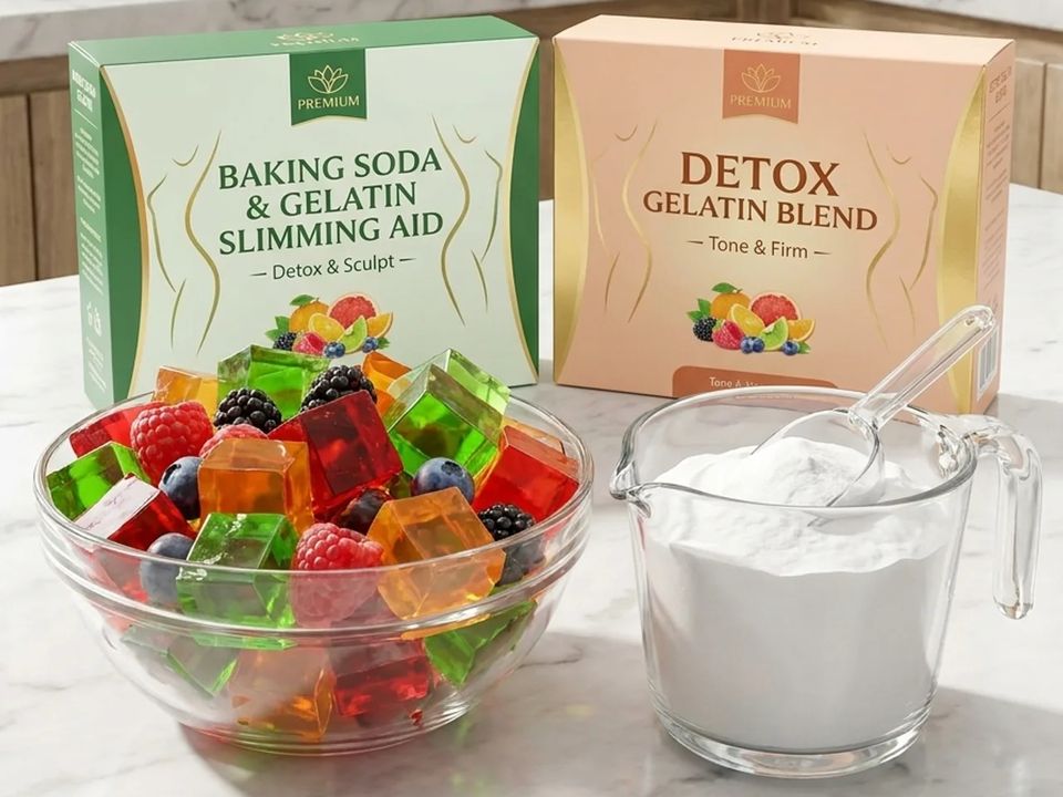 Gelatin cubes with fresh berries in a glass bowl beside a measuring cup of white powder on a marble counter