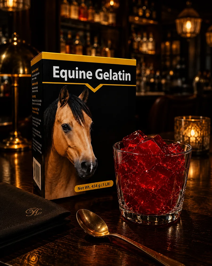 A box of equine gelatin and a glass of set red gelatin on a dark bar counter, lit by candlelight.
