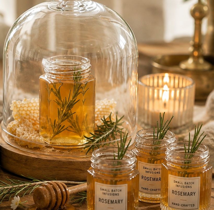 A wooden board on a table: a jar of honey with a sprig of rosemary under a glass cloche, honeycomb, small jars, a wooden dipper and a candle burning behind.
