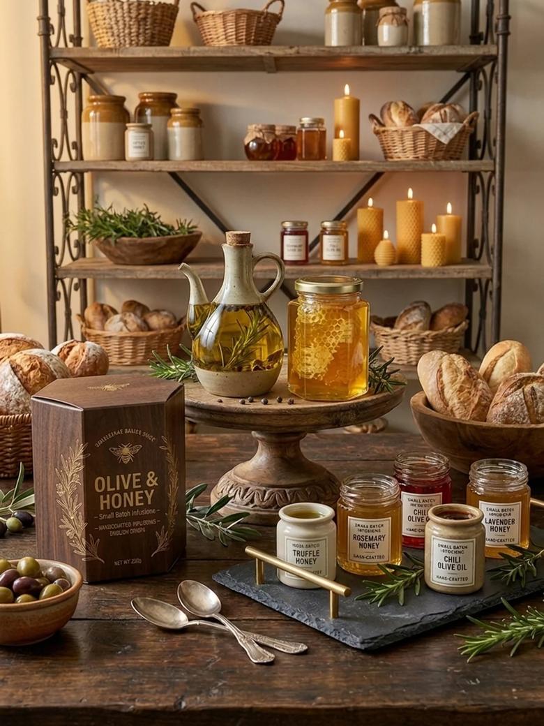 A wooden kitchen table set with bread, olives, a cruet of olive oil and jars of honey, in front of an open pantry shelf.