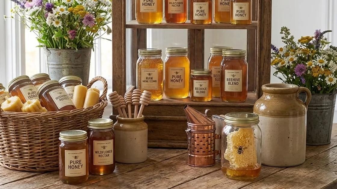 Jars of raw honey, beeswax and honeycomb arranged on a farmhouse kitchen table beside wildflowers