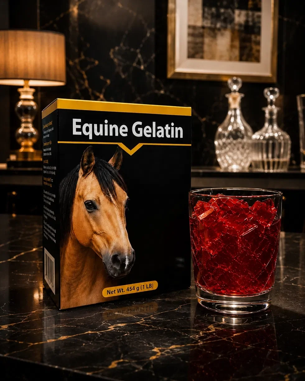 A boxed product photographed on a dark marble surface beside a glass, with a lamp and crystal decanters in the background.