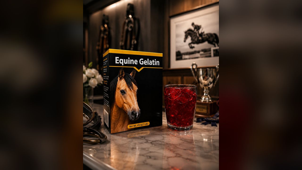 Video thumbnail: a box of equine gelatin beside a glass of prepared gelatin on a marble counter