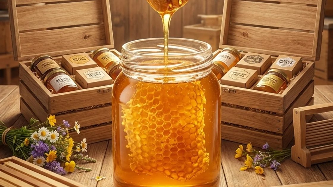 A glass jar of raw honey with honeycomb inside, a wooden dipper pouring above it, on a workbench in a beekeeper's barn