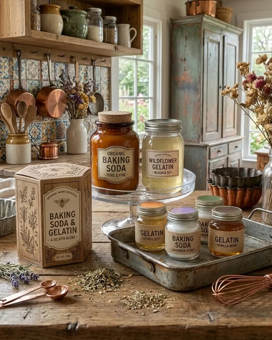 A farmhouse kitchen counter with labelled jars of gelatin, copper measuring spoons and dried lavender