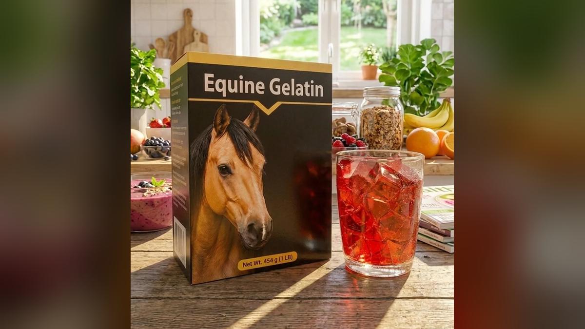 A boxed gelatin product beside a prepared glass on a kitchen table