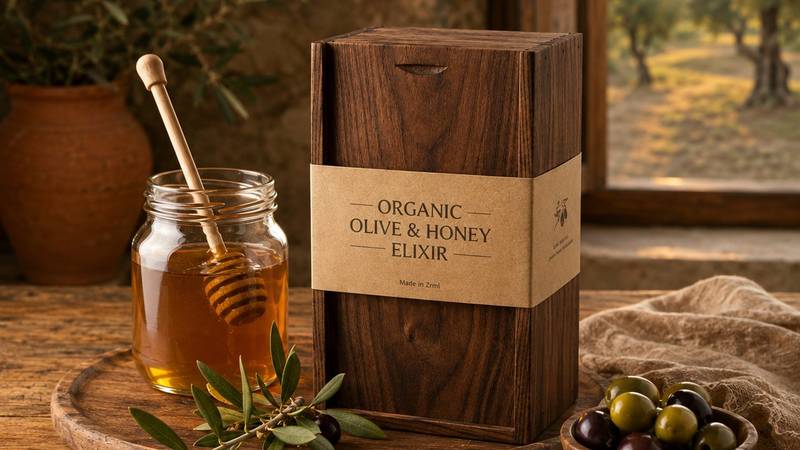 A wooden gift box on a farmhouse table beside a glass jar of honey, an olive branch and a bowl of olives, with an olive grove through the window