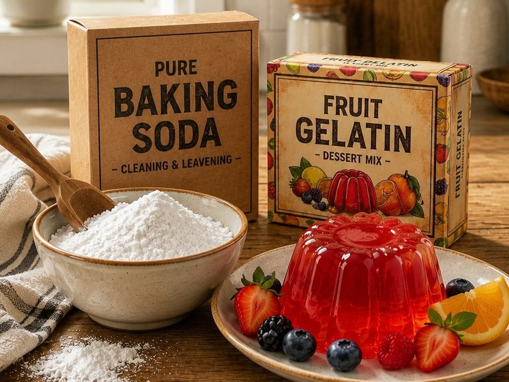 A box of baking soda and a box of fruit gelatin dessert mix on a wooden kitchen counter, next to a bowl of white powder and a molded red gelatin dessert with fresh berries.
