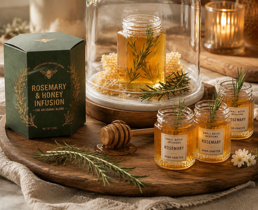 An evening scene on a wooden board: a glass cloche over a jar of honey with rosemary, small jars, a honey dipper and a candle behind.
