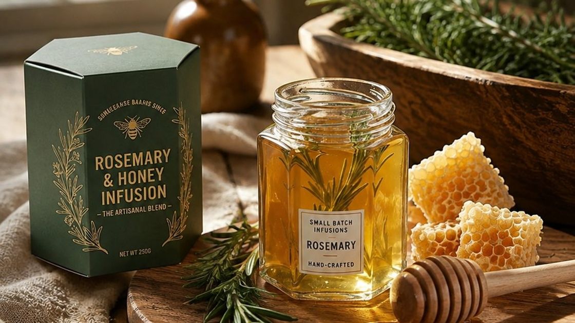 A jar of rosemary-infused honey on a wooden board beside a green box, fresh rosemary sprigs and pieces of honeycomb in a farmhouse kitchen.
