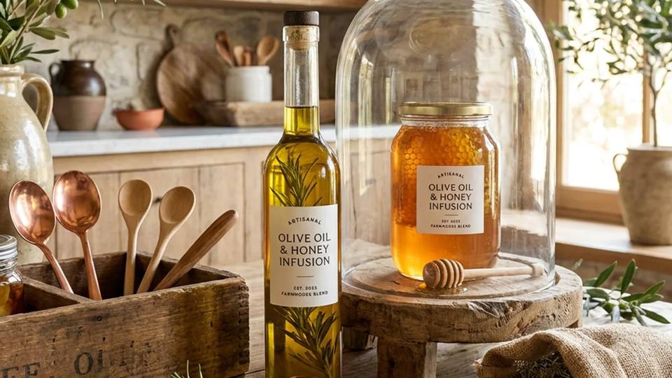 A wooden kitchen table with a bottle of olive oil, a jar of honey under a glass cloche, wooden spoons and olive branches