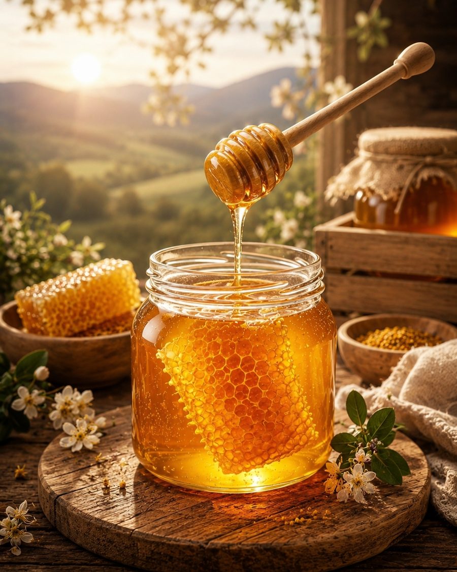 A glass jar of golden honey with a honeycomb inside, a wooden dipper pouring honey, on a rustic table at sunrise