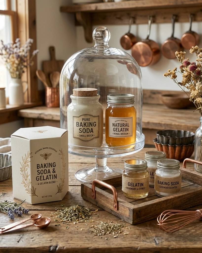 Gelatin and honey jars on a rustic kitchen counter with dried herbs and copper spoons