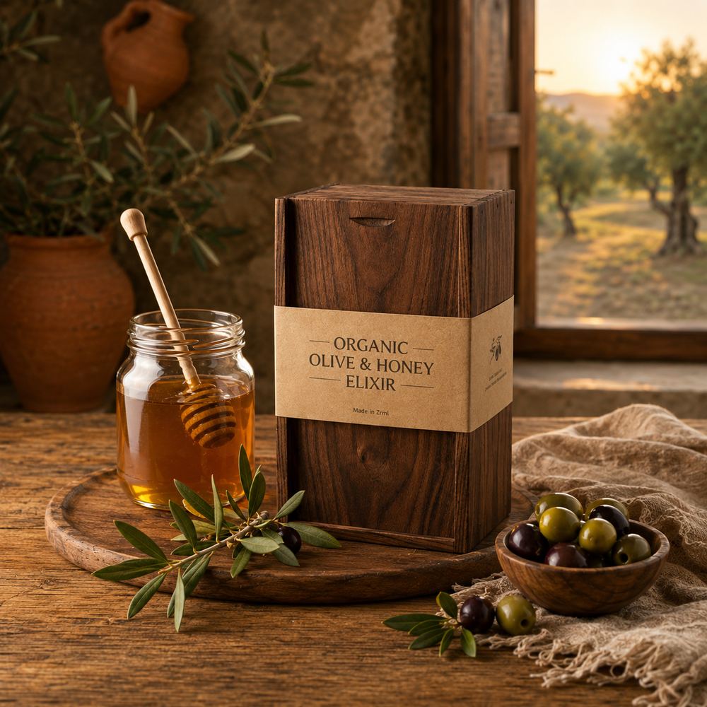 A jar of honey with a wooden dipper, olive branches and olives on a rustic wooden table beside a window looking out on an olive grove