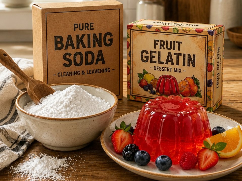 A box of baking soda beside a box of fruit gelatin on a wooden kitchen counter, with a bowl of white powder and a molded fruit gelatin dessert served with fresh berries.