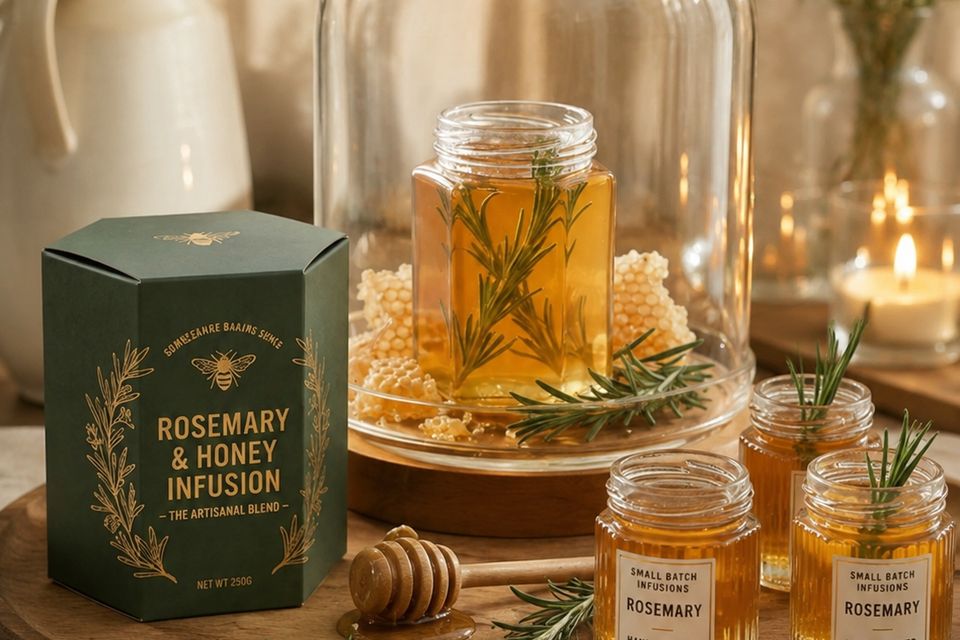 An after-dinner tray on a wooden board: a jar of honey with a sprig of rosemary under a glass cloche, small jars, a wooden dipper and a lit candle behind them.