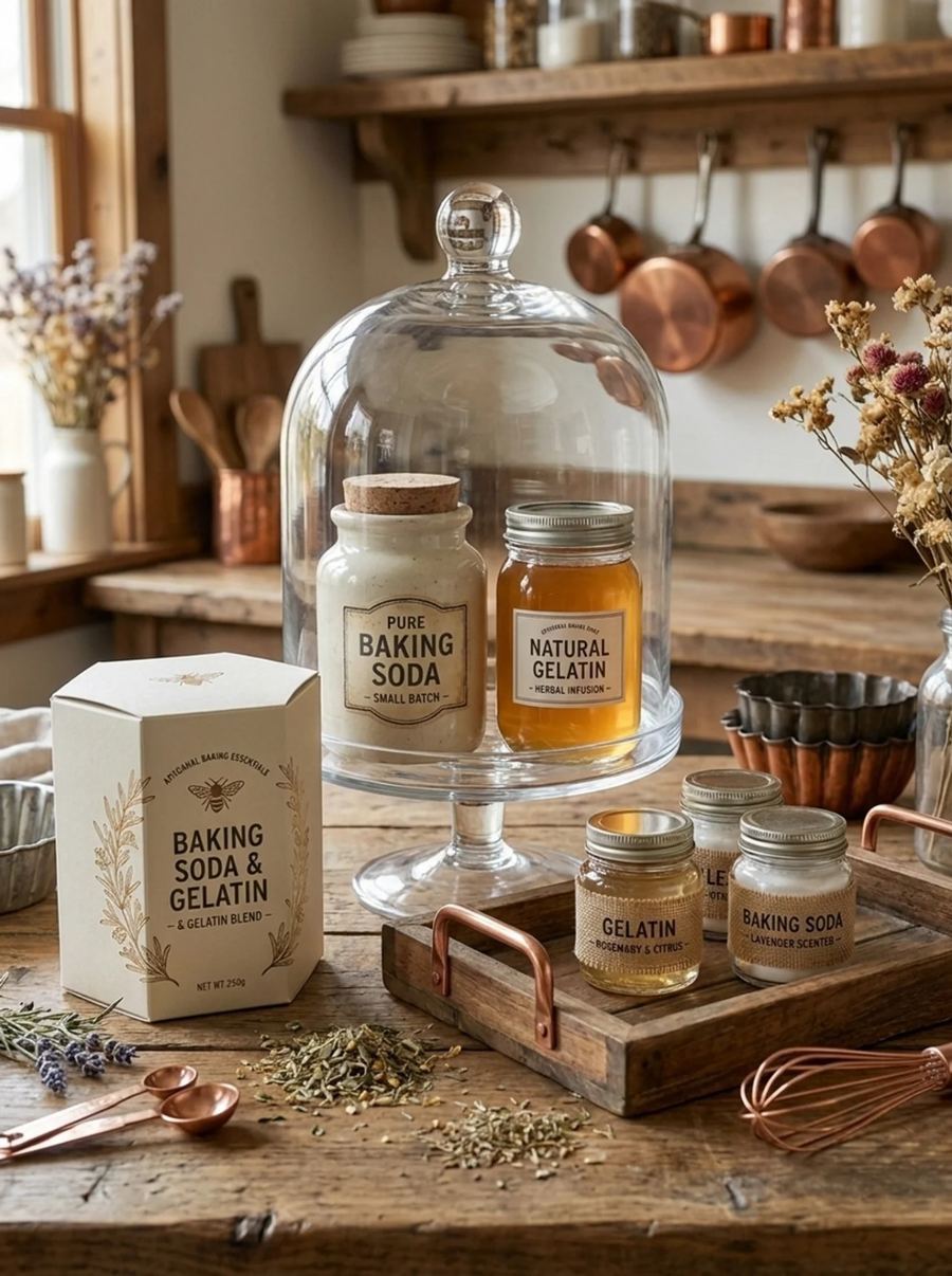Farmhouse kitchen counter with jars of gelatin and baking soda, copper pans and dried herbs