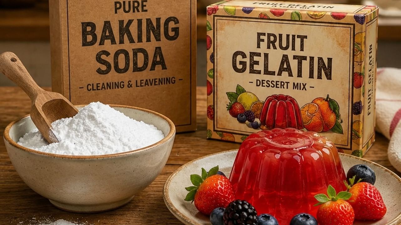 Fruit gelatin dessert with fresh berries on a rustic wooden kitchen table beside a gelatin dessert mix box