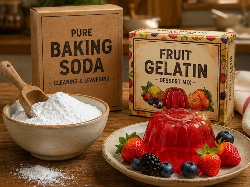 A box of baking soda and a box of fruit gelatin on a rustic kitchen table, next to a bowl of white powder and a berry-topped gelatin dessert.