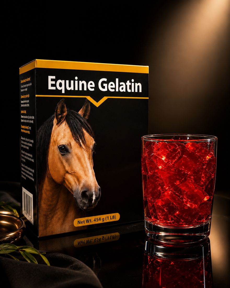 A carton of equine gelatin powder beside a glass of set red gelatin.