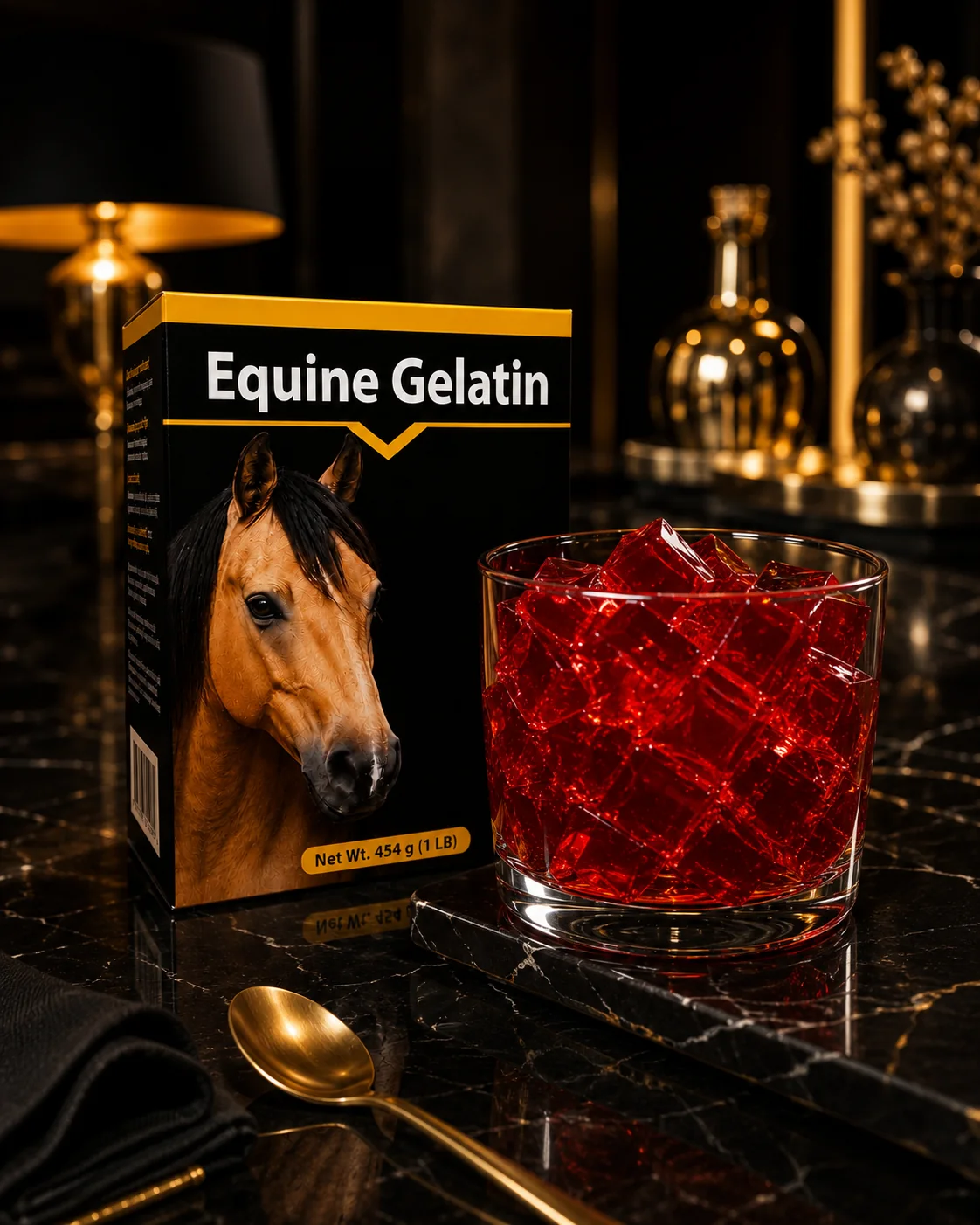 A boxed product on a dark marble counter in an upscale lounge, beside a glass, with a gold spoon, pendant lamp and warm ambient lighting.