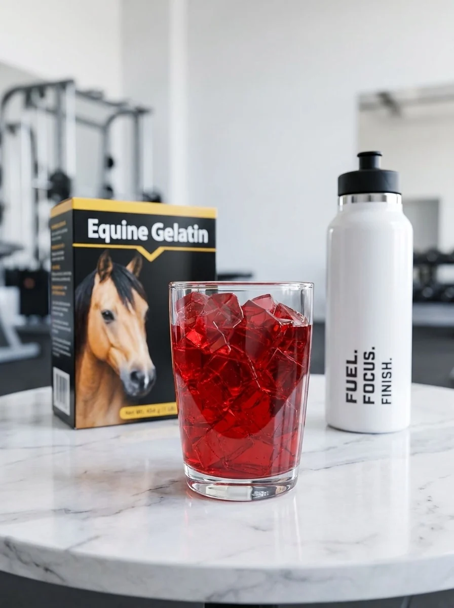 A box of equine gelatin, a glass of set red gelatin and a white water bottle on a marble table in a gym.