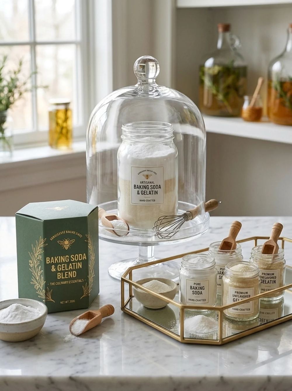 A marble kitchen counter with a glass cloche, a labelled jar of unflavored gelatin, wooden scoops and small apothecary jars in morning light.