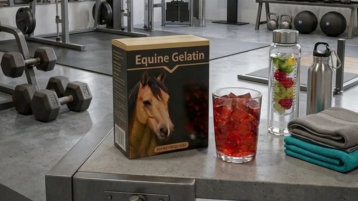 Editorial thumbnail: a product box and a glass of iced red drink on a concrete bench in a bright daylit gym
