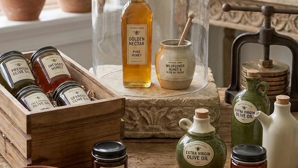 An old kitchen table with olive oil bottles, honey jars, a wooden crate and a stone press