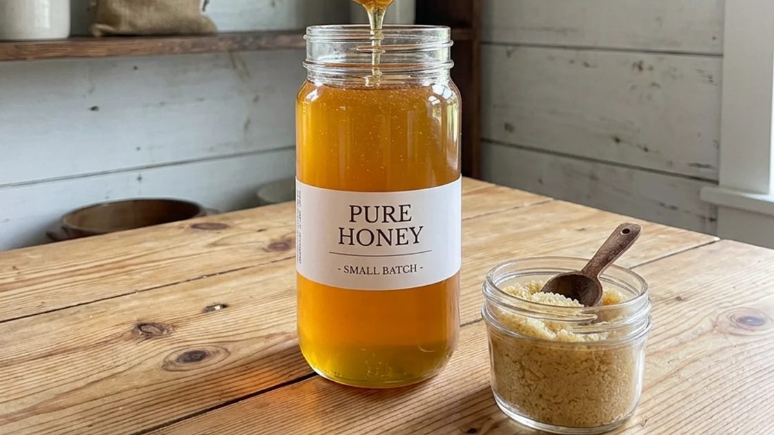 A glass jar on a wooden kitchen table beside a small open jar and a wooden spoon