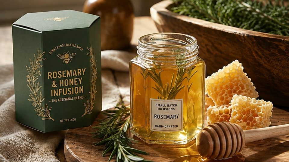 A jar of rosemary-infused honey on a wooden board, next to a sprig of rosemary, pieces of honeycomb and a wooden dipper.