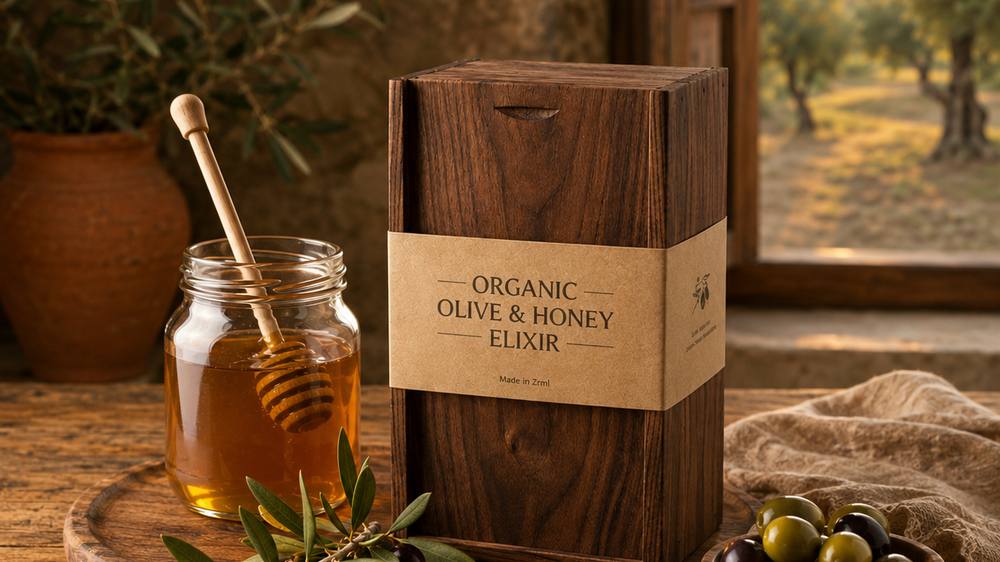 A jar of honey with a wooden dipper, a wooden box and a bowl of olives on a rustic table beside a window overlooking an olive grove