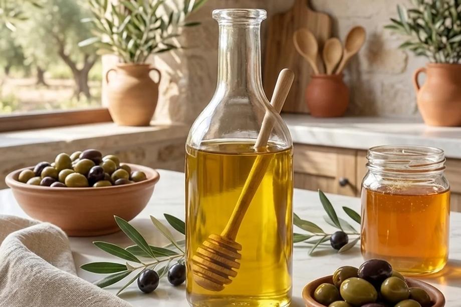 A sunlit stone kitchen counter with a glass bottle of olive oil, a jar of honey with a wooden dipper, and bowls of olives beside olive branches.