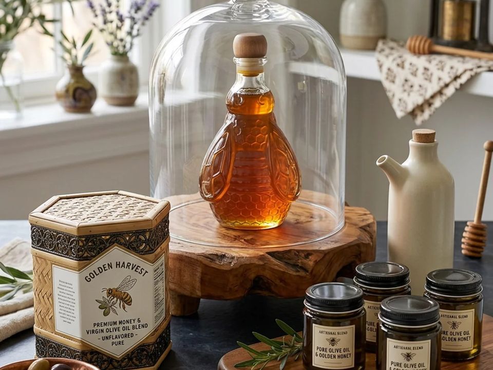 A kitchen table set with a glass cloche, a honey jar, a ceramic oil pourer and small labeled jars on a wooden board