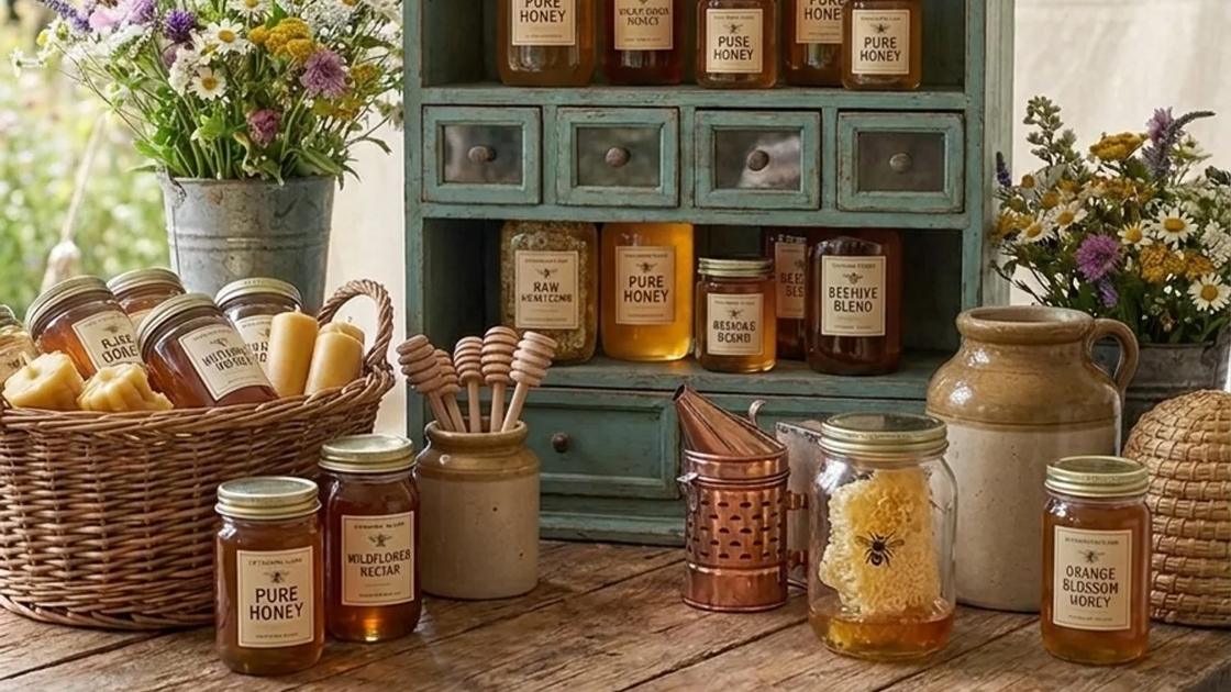 A beekeeper market stall under canvas with jars of wildflower and orange blossom honey on a painted cabinet