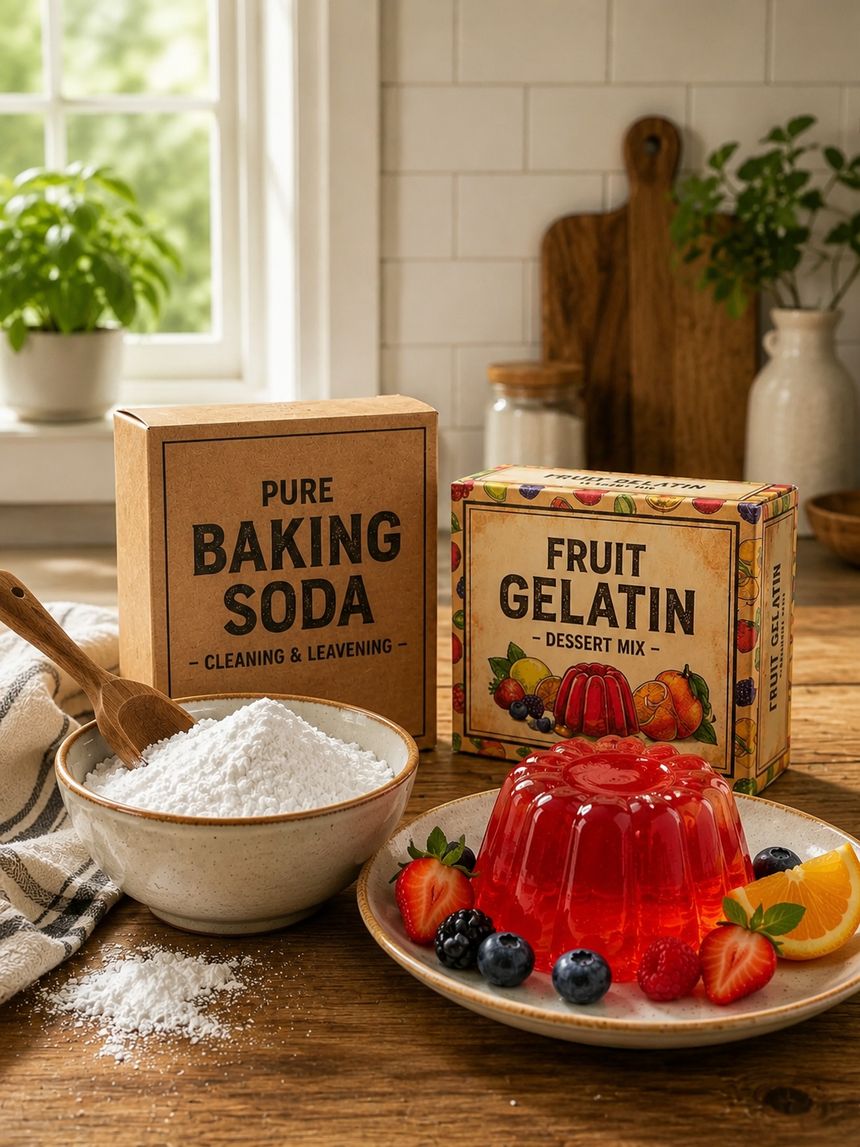 A box of baking soda beside a fruit gelatin dessert mix on a wooden kitchen counter, with a molded gelatin dessert and fresh berries on a plate