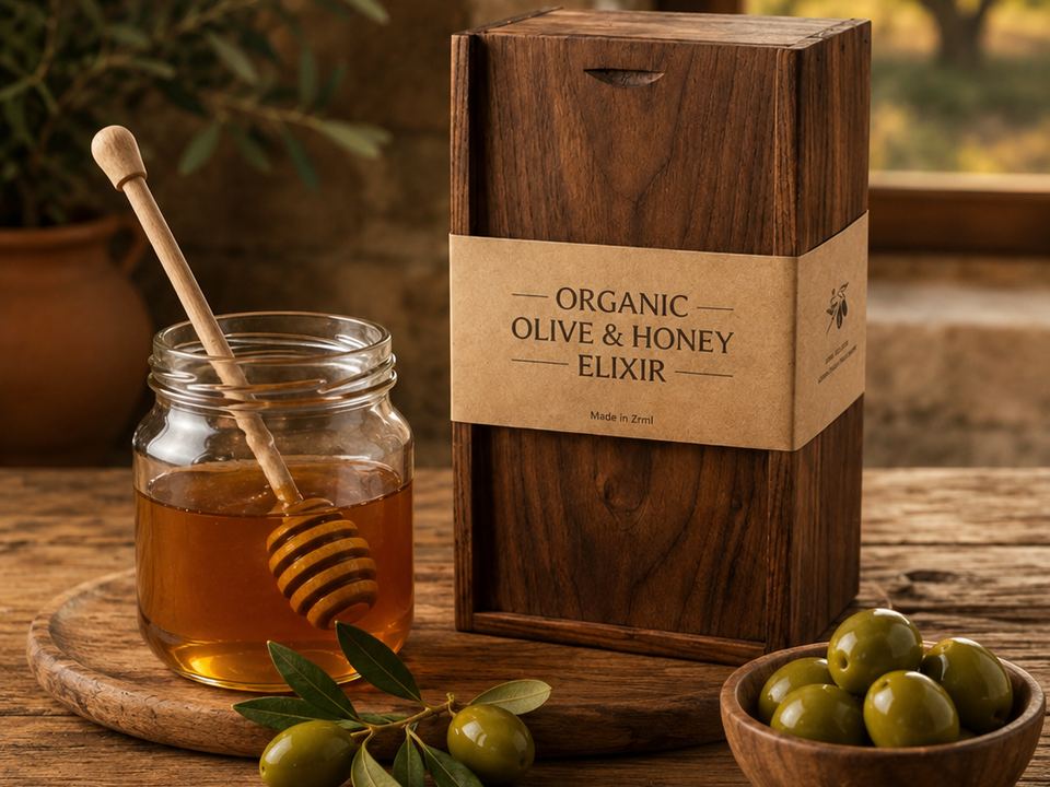 A glass jar of honey with a wooden dipper, a wooden gift box and a bowl of green olives on a rustic kitchen table, with an olive grove visible through the window.