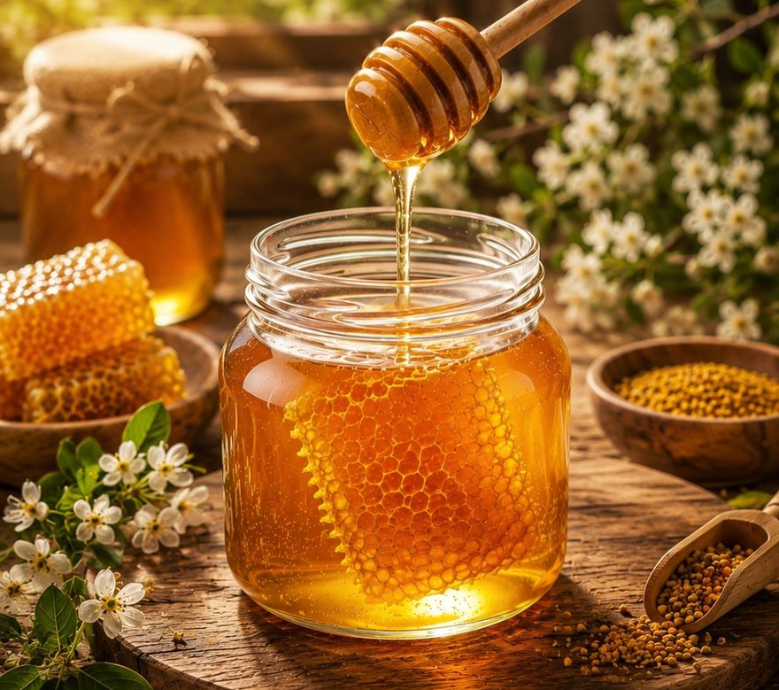 A glass jar of raw honey with honeycomb, a wooden dipper and bee pollen on a rustic table
