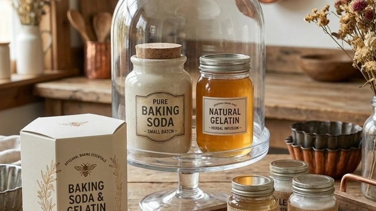 Jars of gelatin and baking soda on a rustic kitchen counter