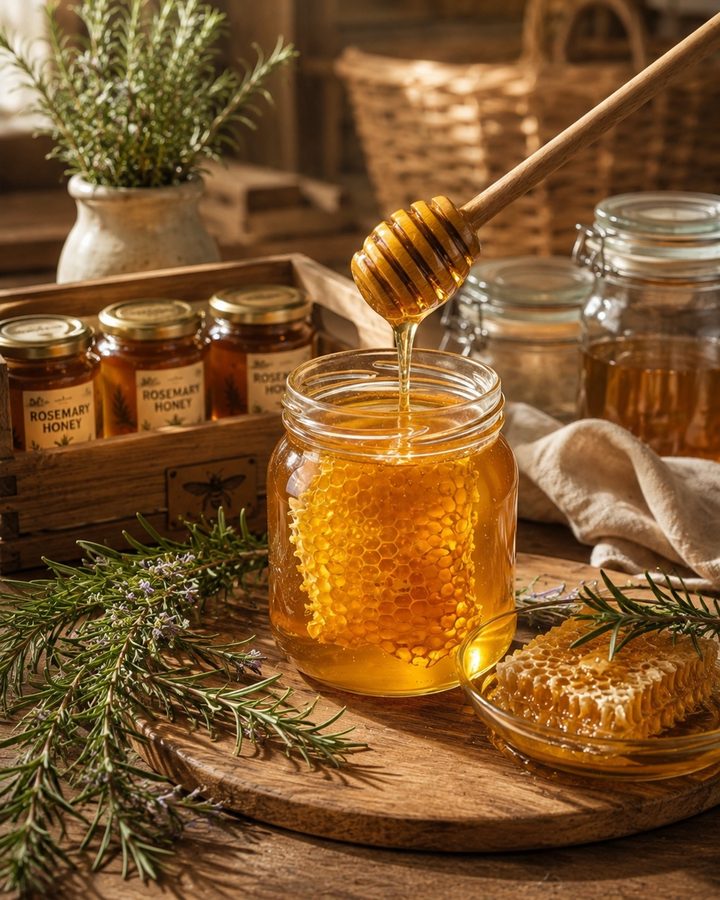 A jar of raw honey with honeycomb inside, a wooden dipper drizzling honey, and fresh rosemary sprigs on a rustic wooden table