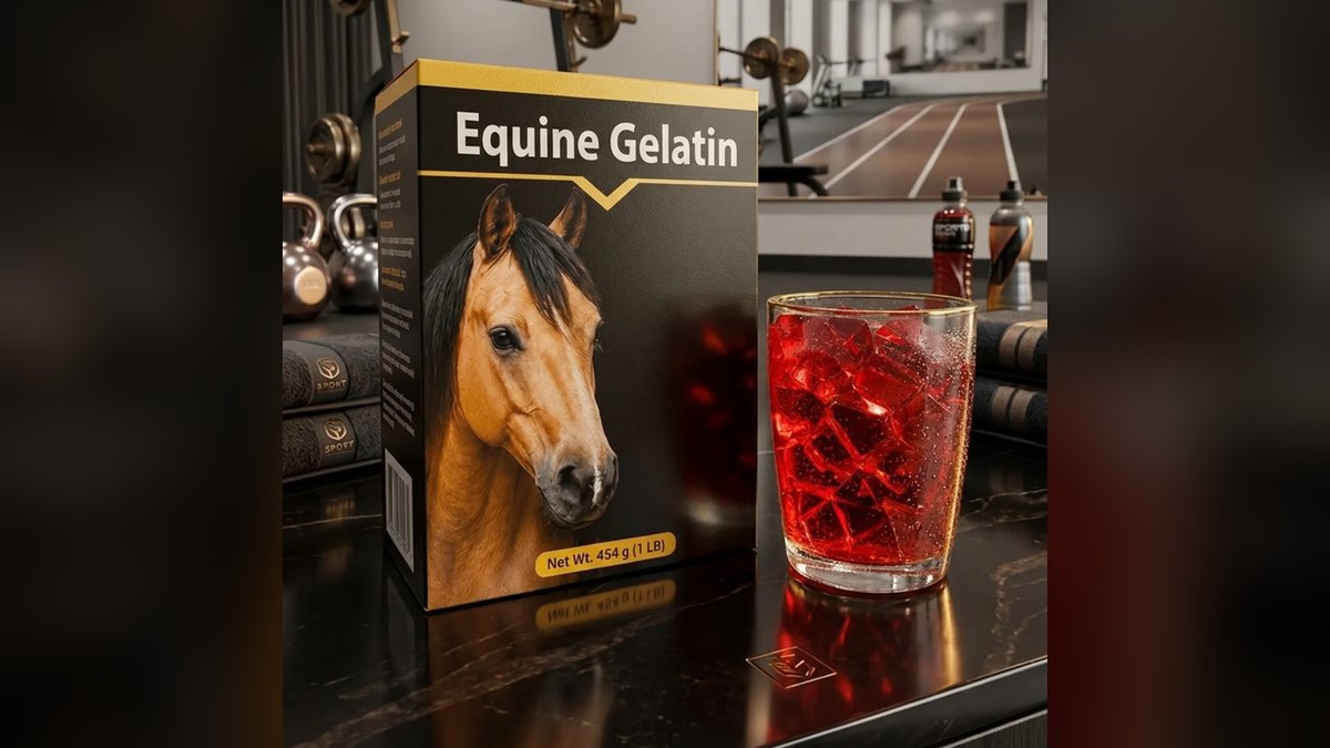 A boxed gelatin product beside a prepared glass on a dark counter