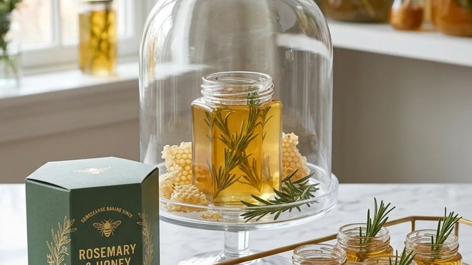 A kitchen counter at the end of the day: a glass cloche over a jar of honey with rosemary sprigs, beside a small tray of jars.
